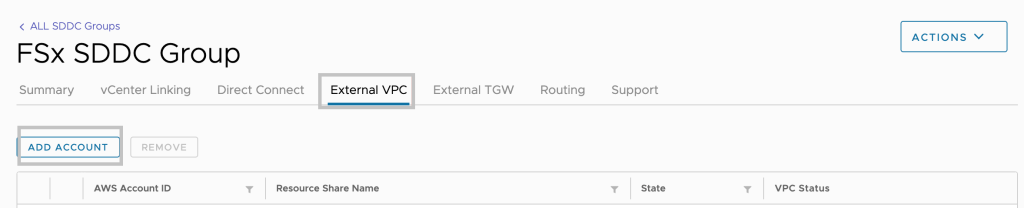External VPC tab Add Account - VMC Console