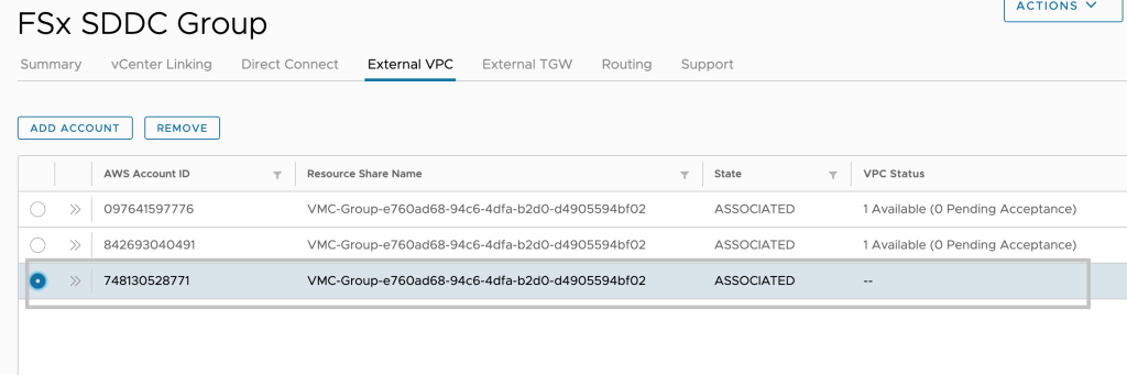 External VPC tab - VMC Console