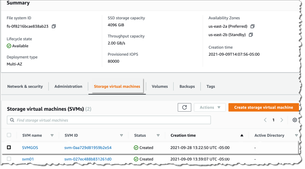 Ubicación de la dirección IP de NFS en la pestaña de máquinas virtuales de almacenamiento: consola de AWS