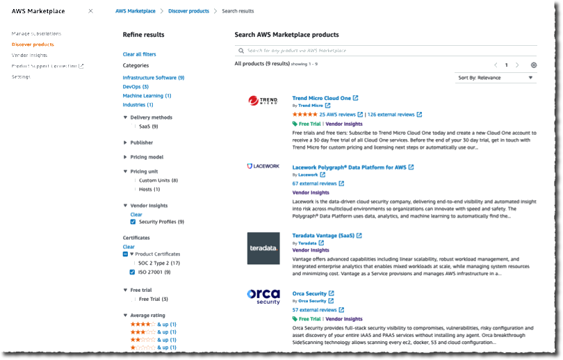 AWS MArketplace vendor insights - faceted search