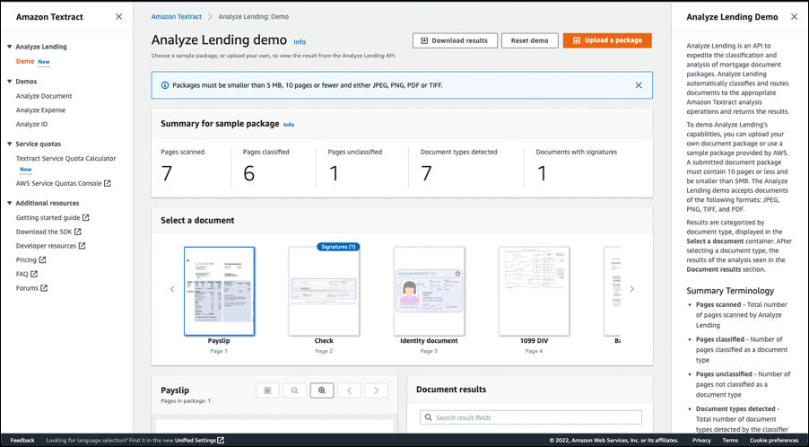 Mortgage document analysis summary, carousel, and terminology help text