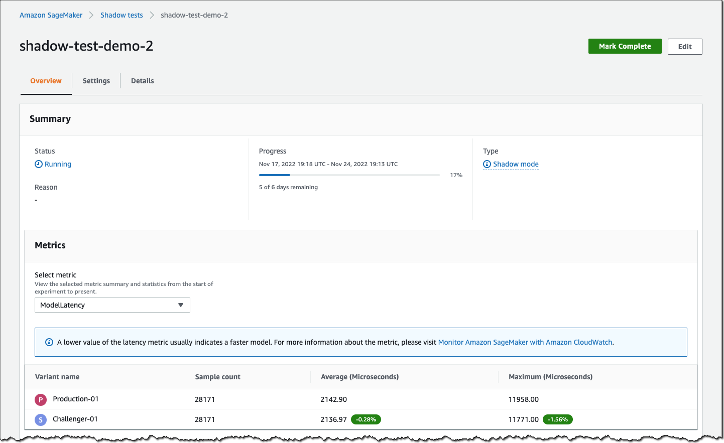 Amazon SageMaker - Monitor Shadow Test