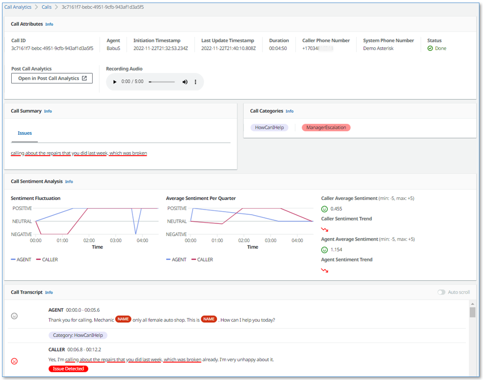 Screenshot from the real-time call analytics with agent assist solution.