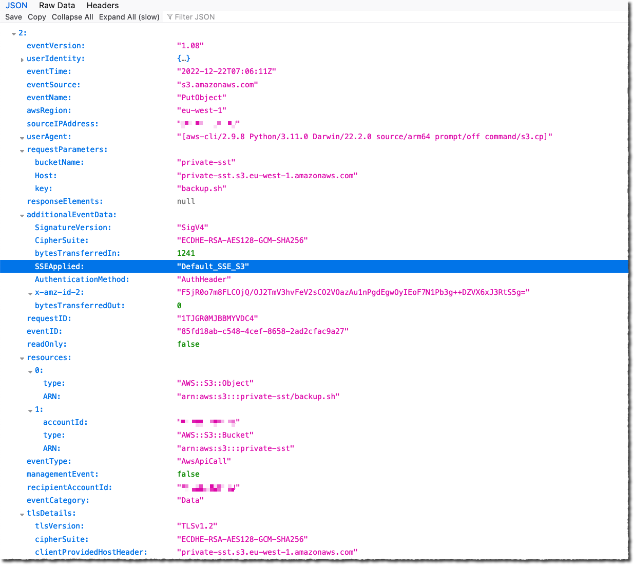 Cloudtrail log for S3 with default encryption enabled