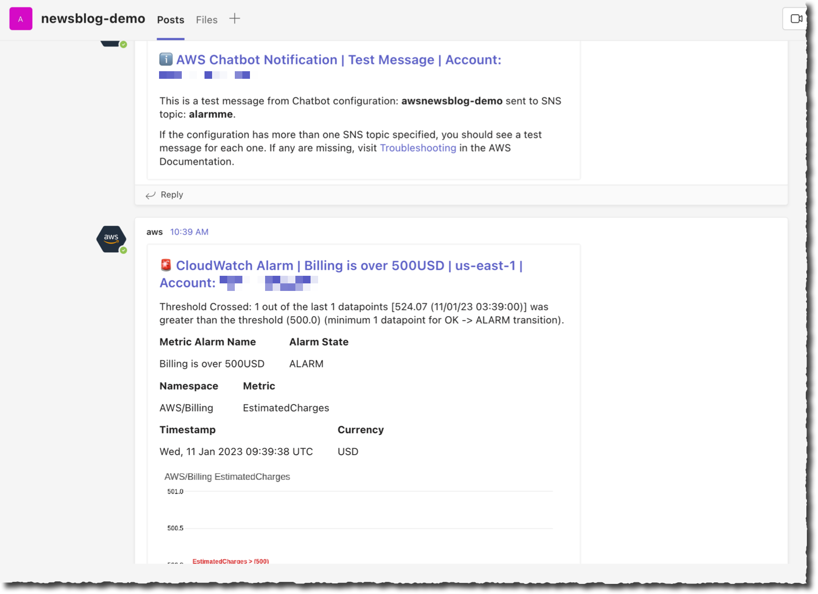 AWS Chatbot with Microsoft Teams, first messages received on the channel