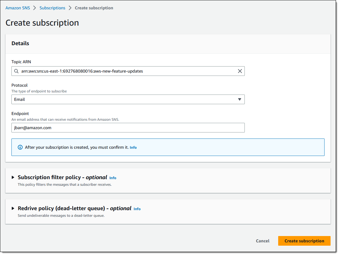 Suscríbase a las actualizaciones diarias de funciones de AWS a través de Amazon SNS | Servicios web de Amazon