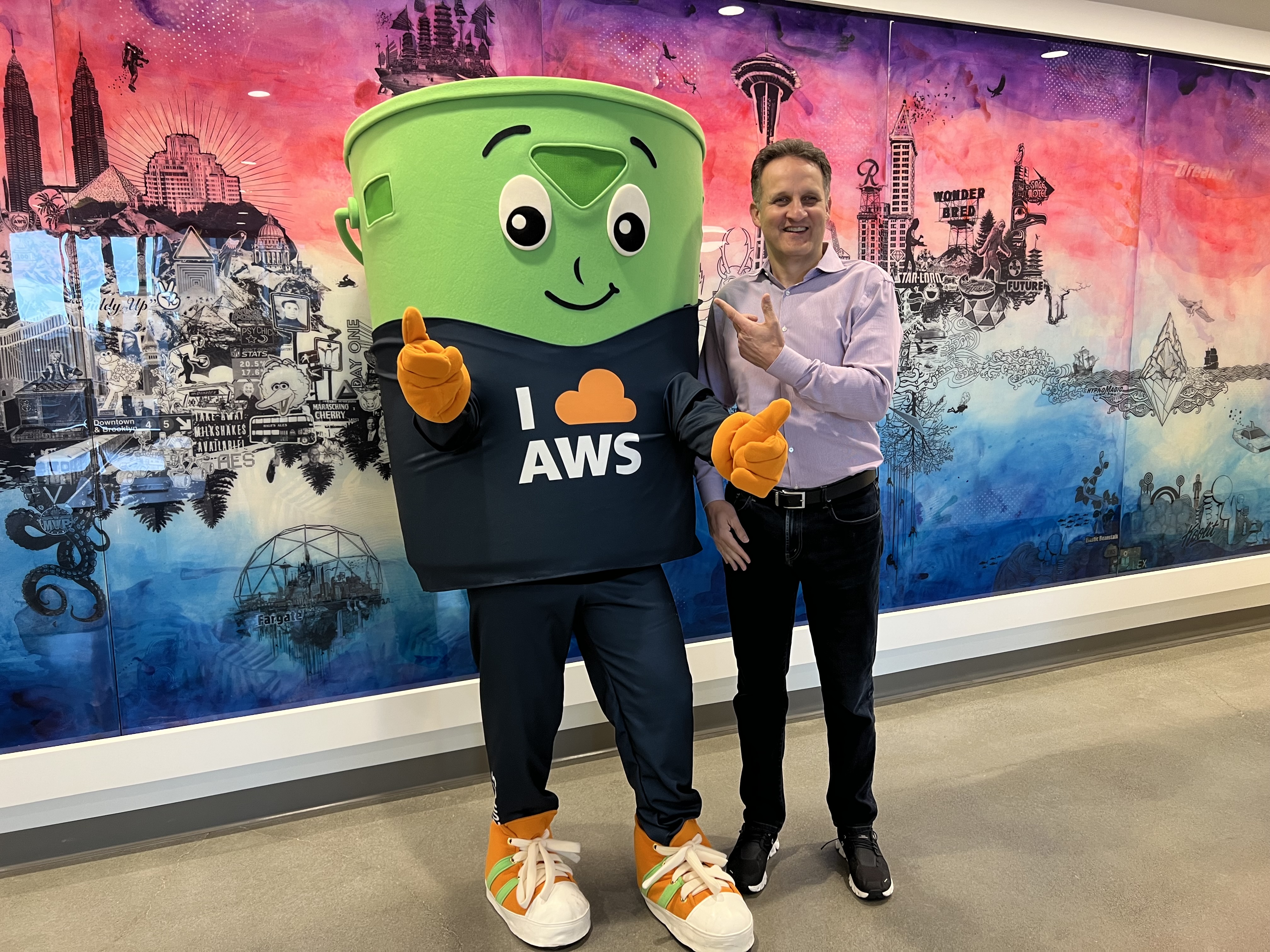 Picture of an S3 bucket and AWS CEO Adam Selipsky.