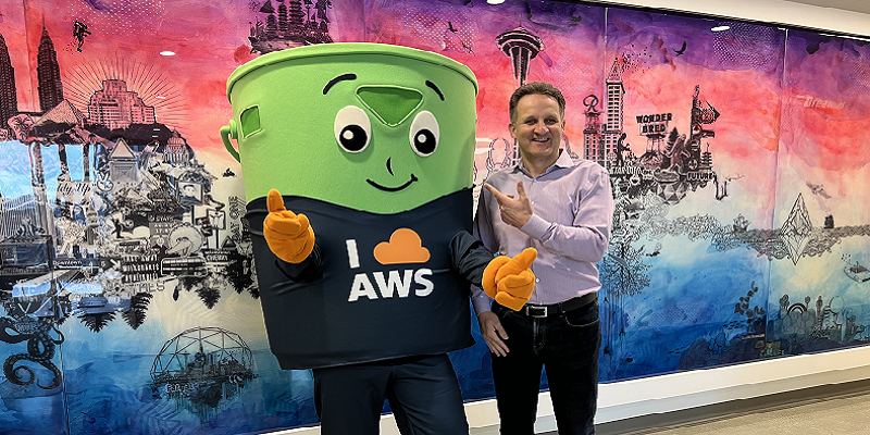 Picture of an S3 bucket and AWS CEO Adam Selipsky