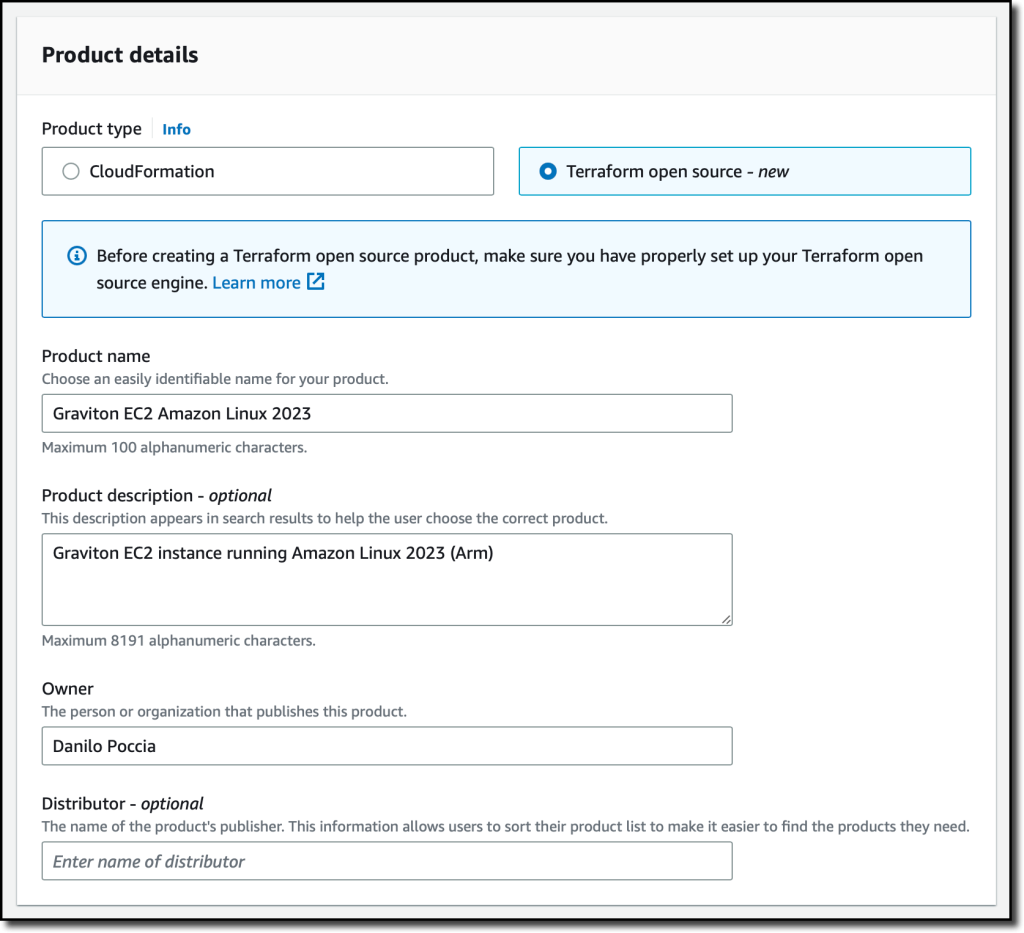 screenshot of console integration of service catalog for terraform