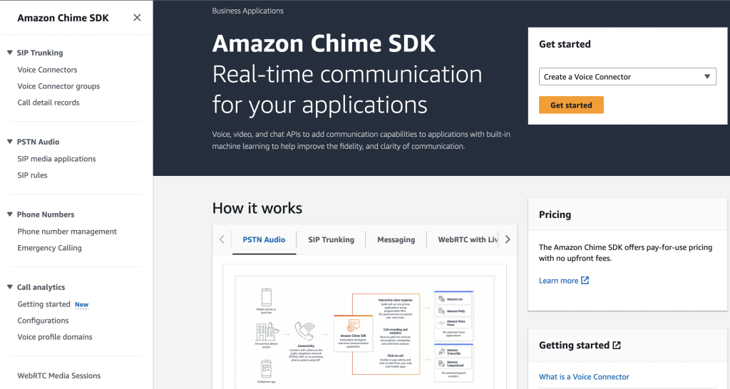 A screenshot of the Amazon Chime SDK console page.