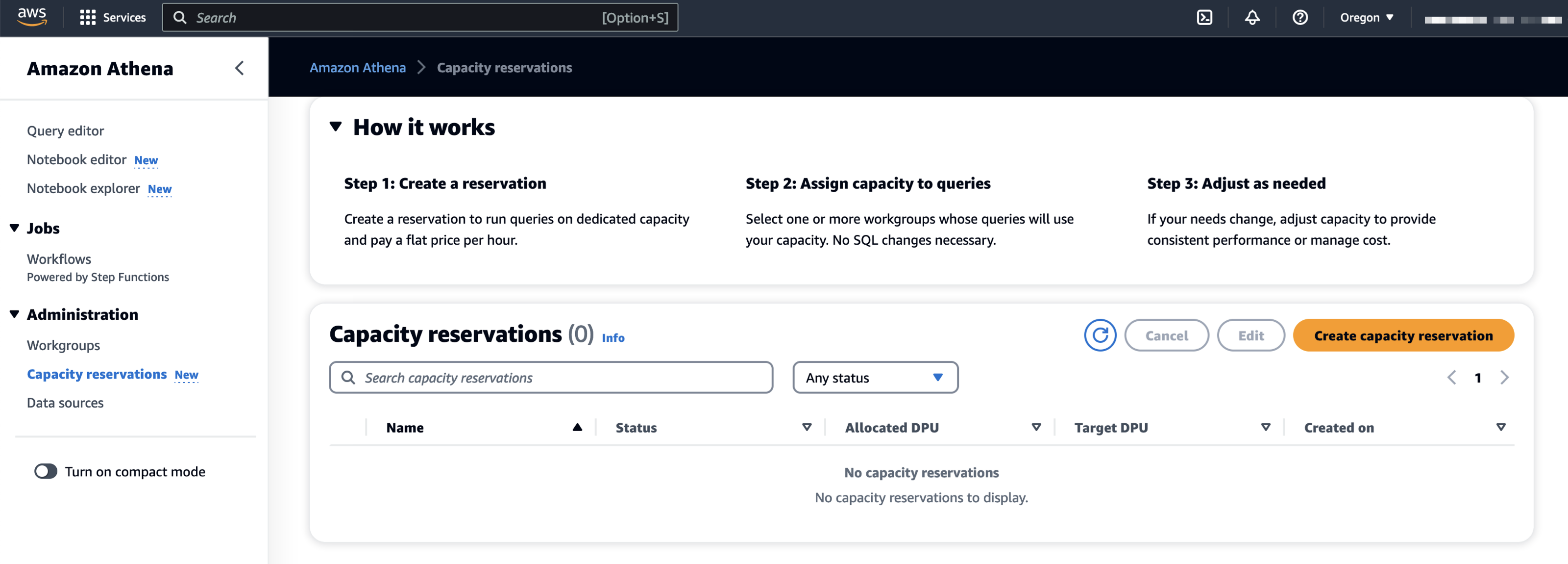 Athena Capacity Reservation landing page in the console