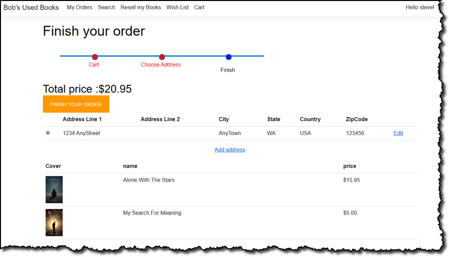 Bob's Used Books sample application checkout page
