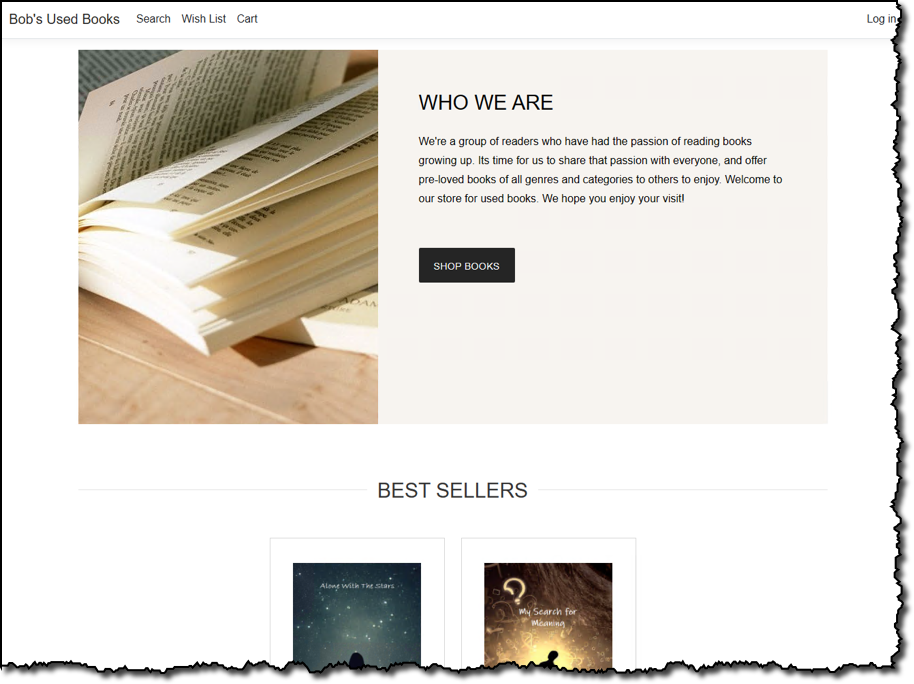 Bob's Used Books sample application homepage