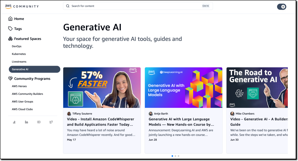 Screenshot of the community.aws website, built and operated by the AWS Developer Relations Platform team with some help from Amazon CodeWhisperer.