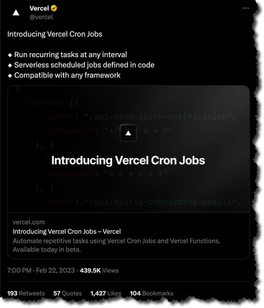 cron ジョブを発表する Vercel のツイート