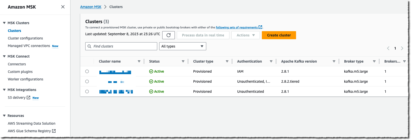 Amazon MSK - List of existing clusters