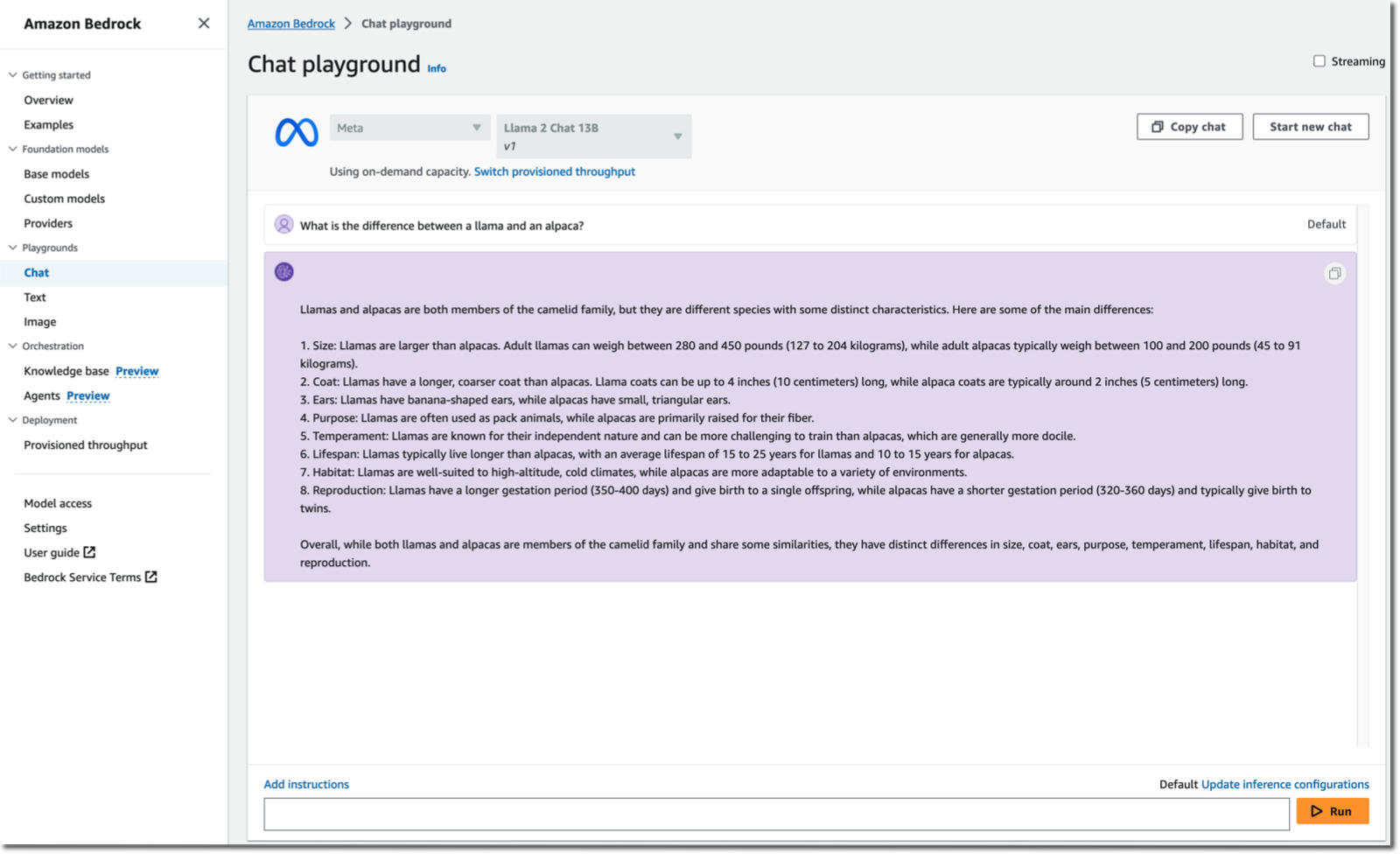 Bedrock chat playground for llama2