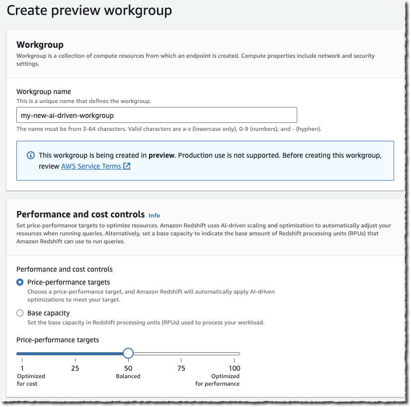 Redshift Serverless – AI 驱动的工作组