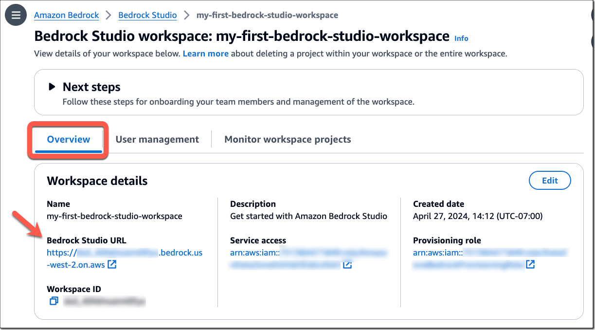 Amazon Bedrock Studio, share workspace URL