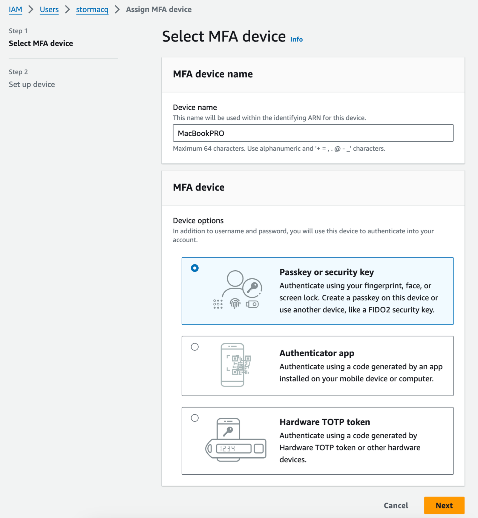 enable MFA : select passkey