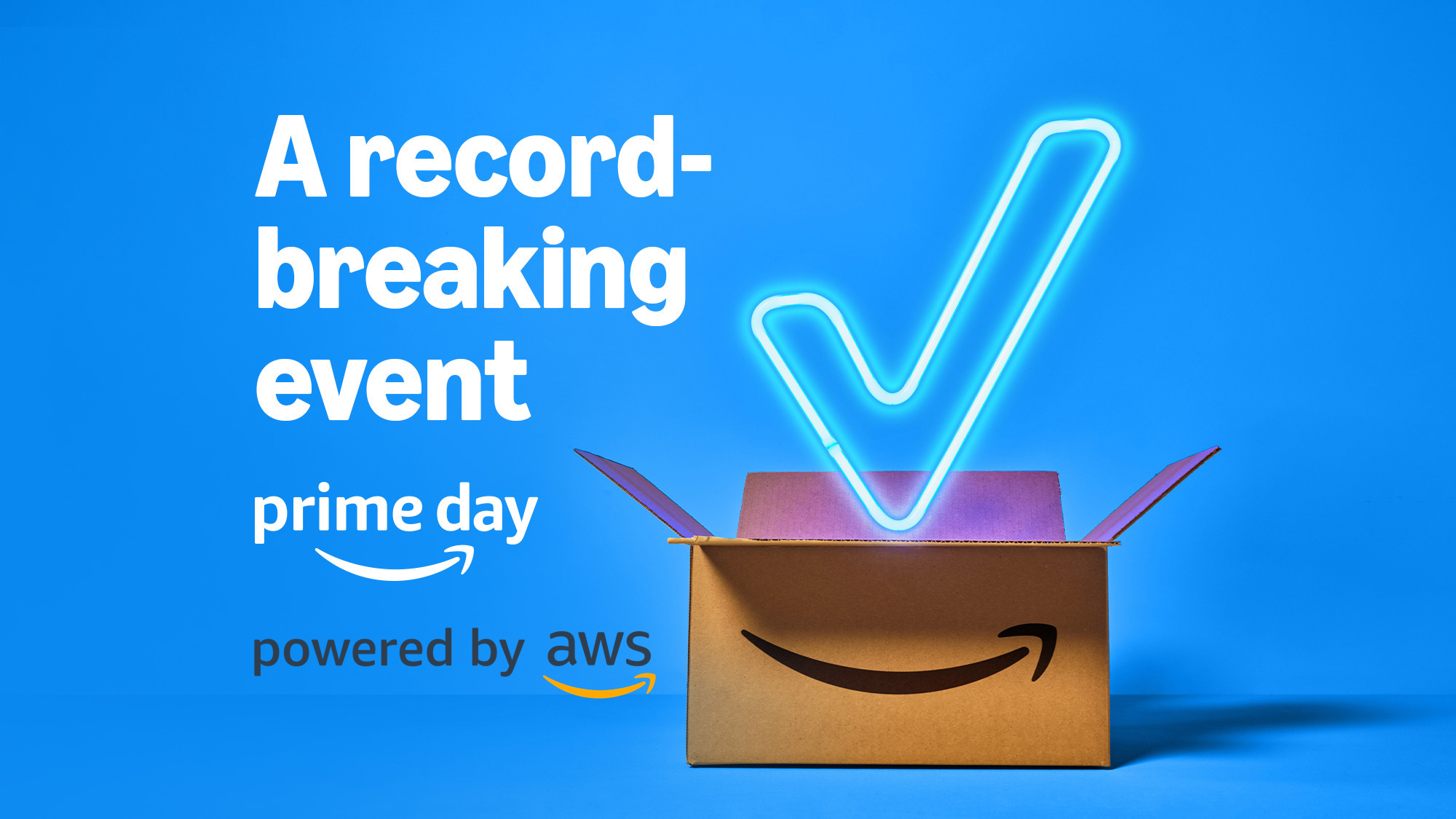 Amazon Box with checkbox showing a record breaking prime day event powered by AWS