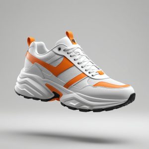  Professional 3d render of a white and orange sneaker, floating in center, hovering, floating, high quality, photorealistic