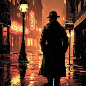  comic-style illustration, male detective standing under a streetlamp, noir city, wearing a trench coat, fedora, dark and rainy, neon signs, reflections on wet pavement, detailed, moody lighting.