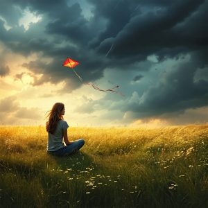 Stable Diffusion 3 Ultra – Prompt: photo, realistic, a woman sitting in a field watching a kite fly in the sky, stormy sky, highly detailed, concept art, intricate, professional composition.