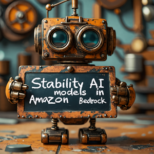 A stylized picture of a cute old steampunk robot with in its hands a sign written in chalk that says "Stable Image Ultra in Amazon Bedrock".