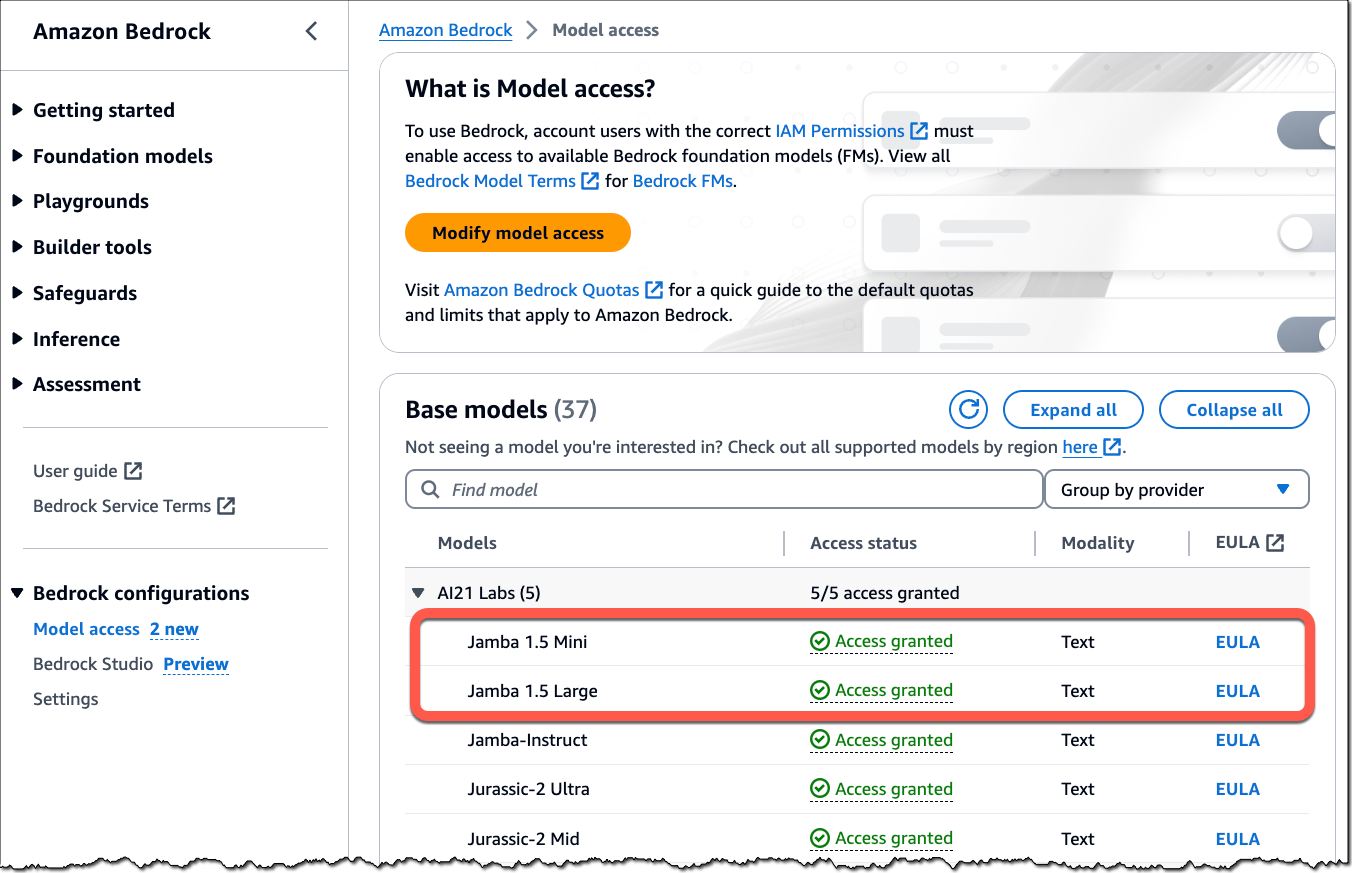 Amazon Bedrock - Model access to AI21 Jamba 1.5 models