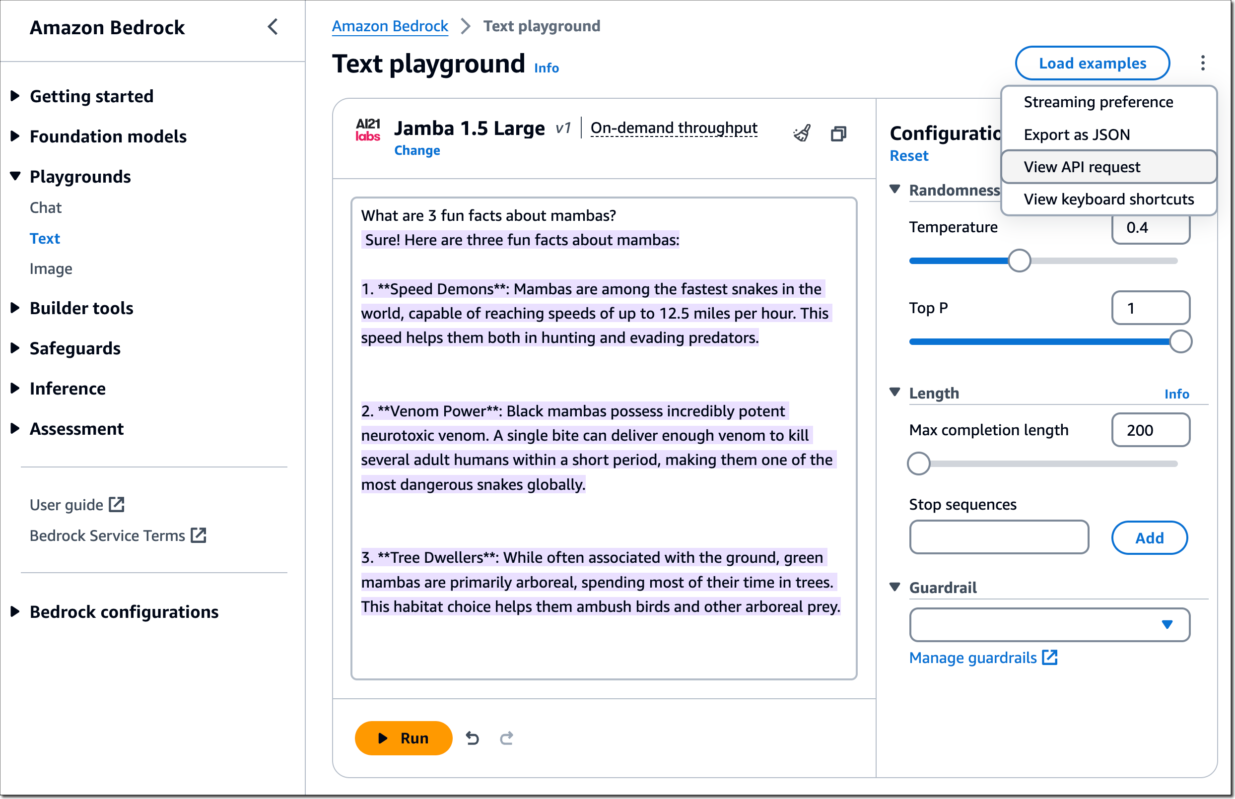 Jamba 1.5 in the Amazon Bedrock text playground