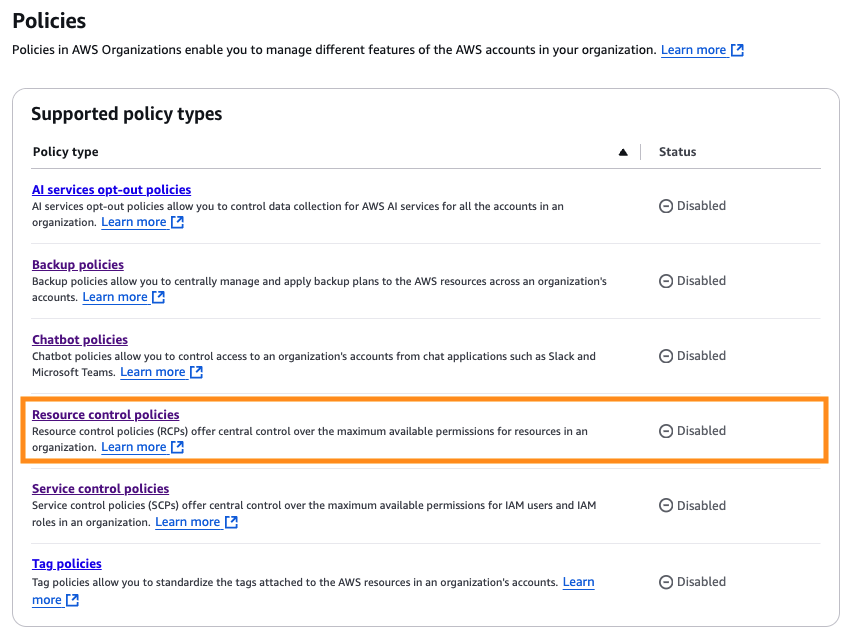 enabling RCPs in the AWS Organizations console