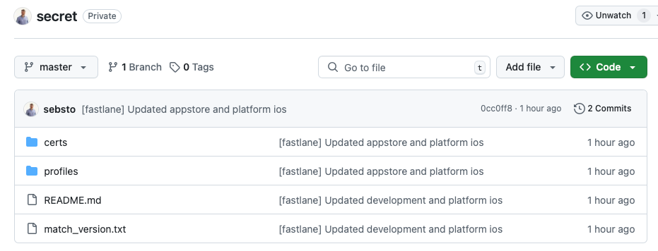 Fastlane match - github repo after import