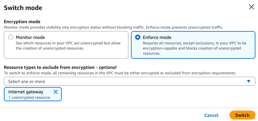 Control de cifrado VPC: modo de conmutación