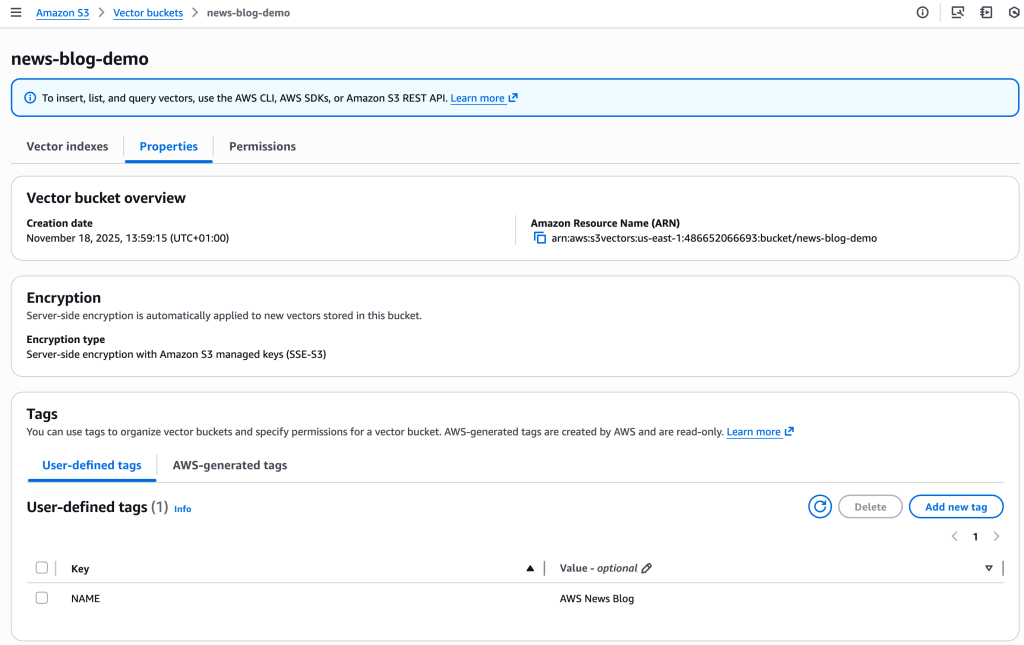 S3 Vector console - properties