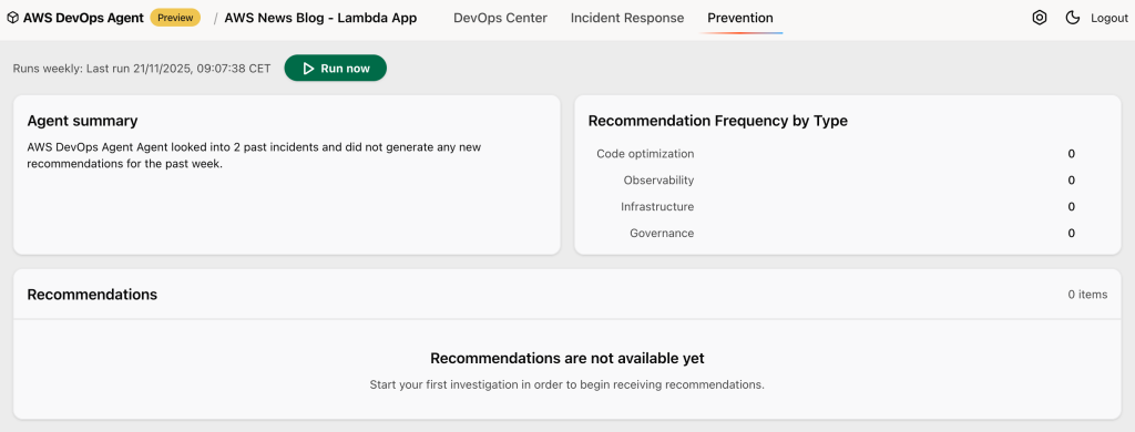 AWS DevOps Agent - web app - recommendations