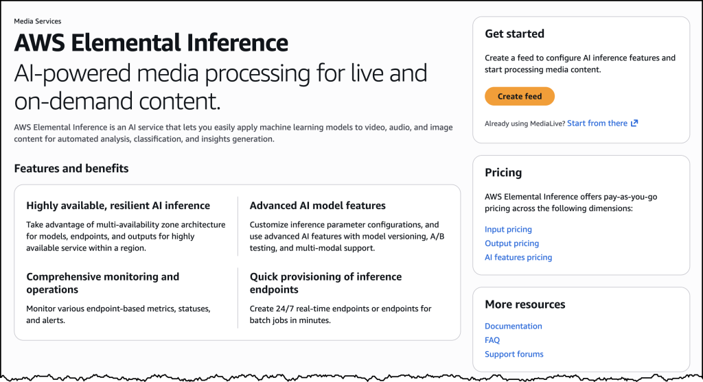 Consola de AWS Elemental Inference