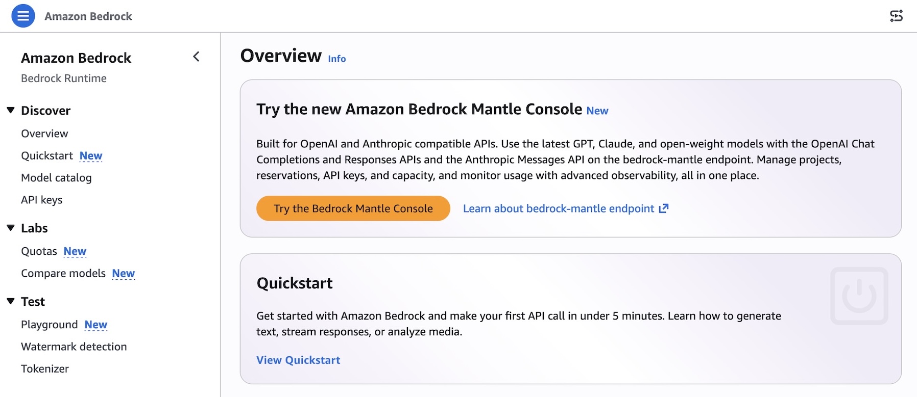 Try the new console experience in Amazon Bedrock, optimized for Anthropic- and OpenAI-compatible APIs