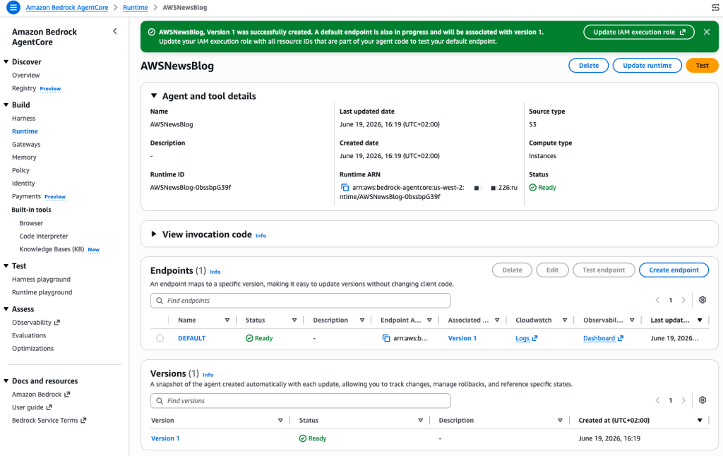AgentCore Runtime Instances - Agent Ready