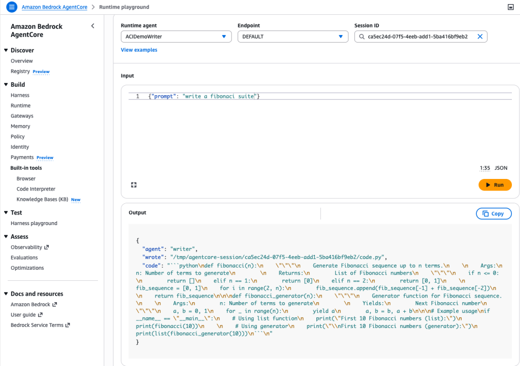 AgentCore Runtime Instances - Invoke code writer agent