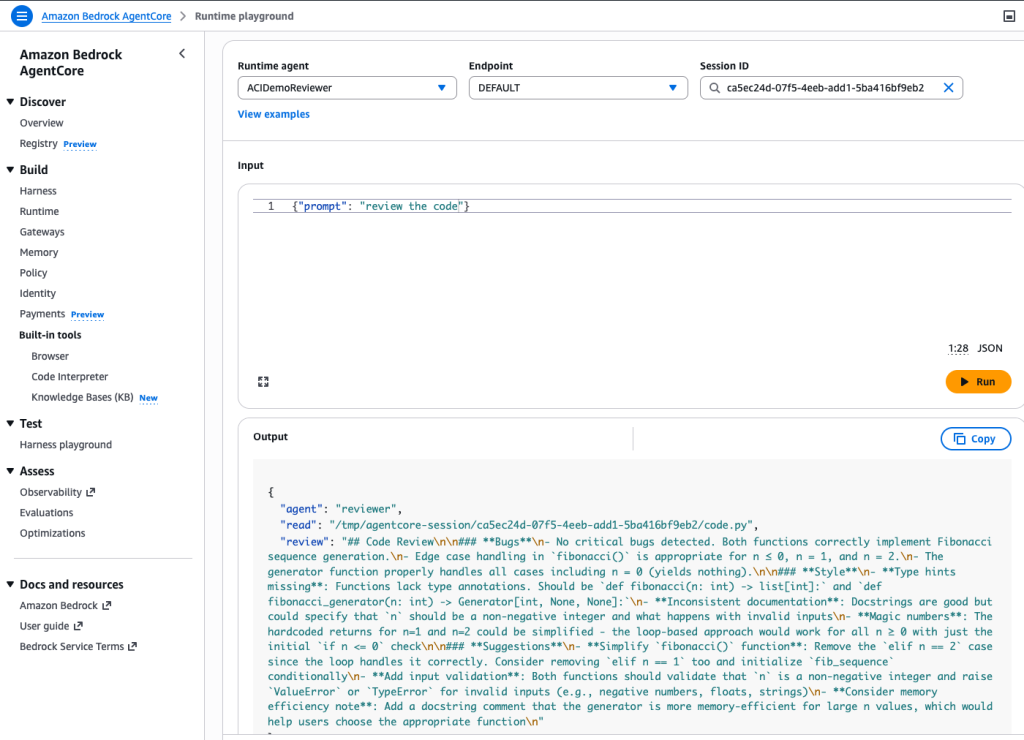 AgentCore Runtime Instances - Invoke code reviewer agent