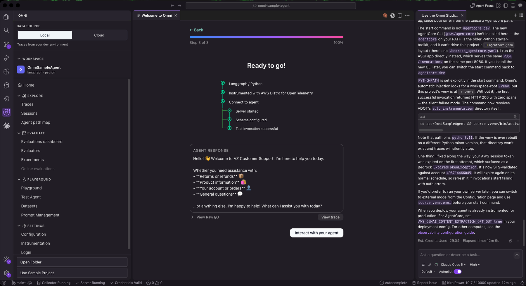 CloudWatch Omni guides your AI code assistant to configure the development environment