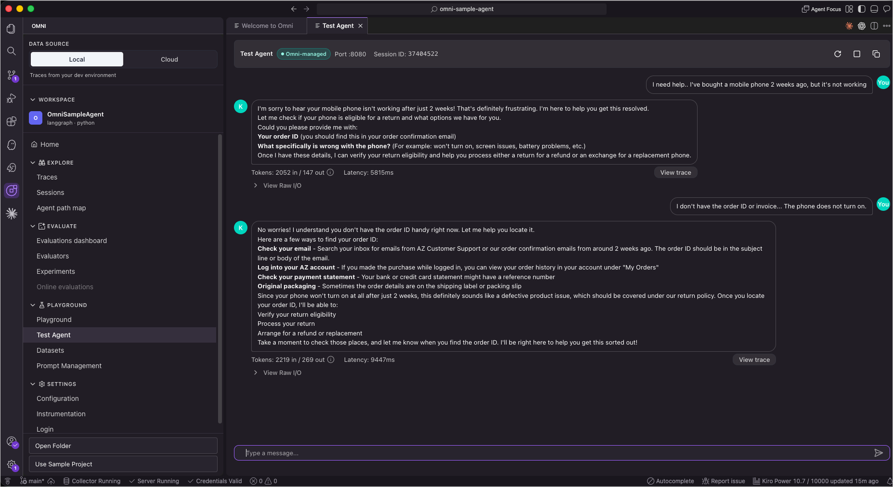Interacting with the agent and viewing traces