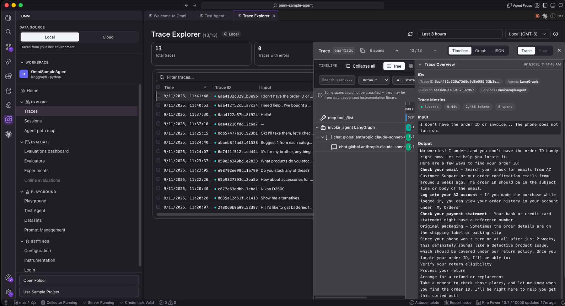 Trace Explorer showing the agent execution timeline