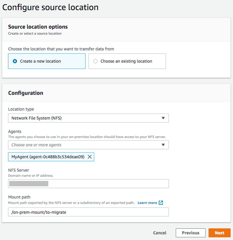 To create an NFS source location, choose a location type of NFS, choose the agent that you deployed earlier, enter the address of your NFS server, and then enter the mount path to be exported by your NFS server