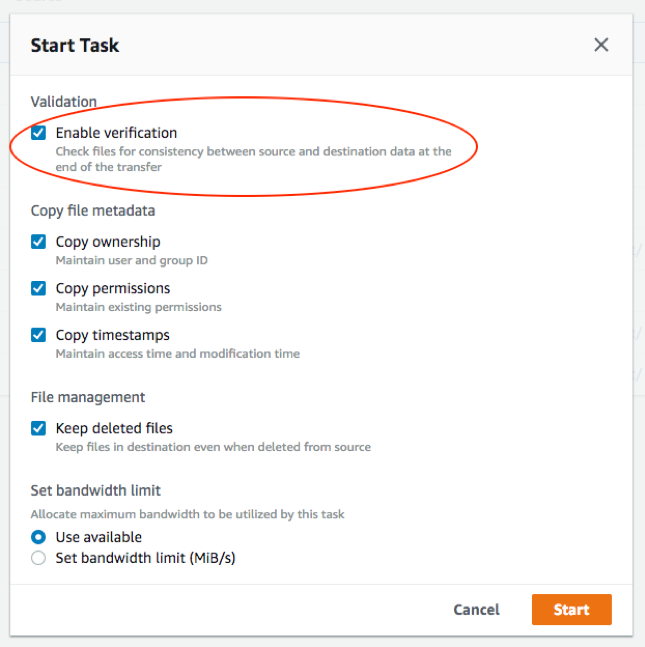 Check the Enable verification box and keep all other settings as is. After the last data transfer verification has completed successfully, you can safely retire the source server.