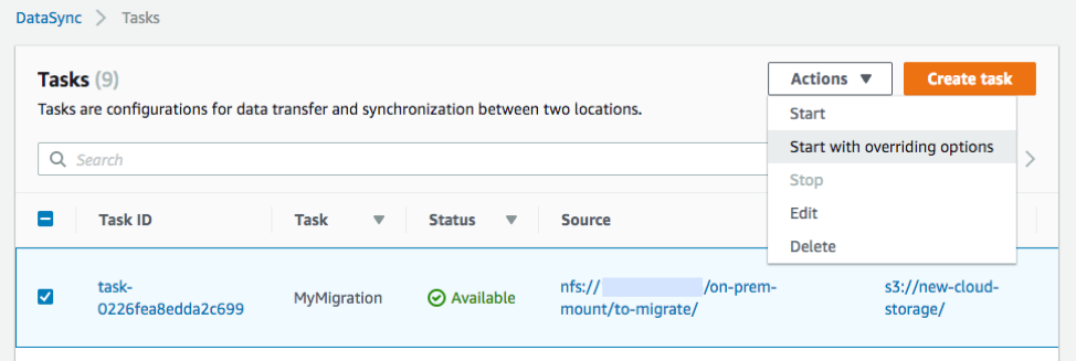 To enable verification for a single task execution, on the Tasks table, choose Actions, Start with overriding options.