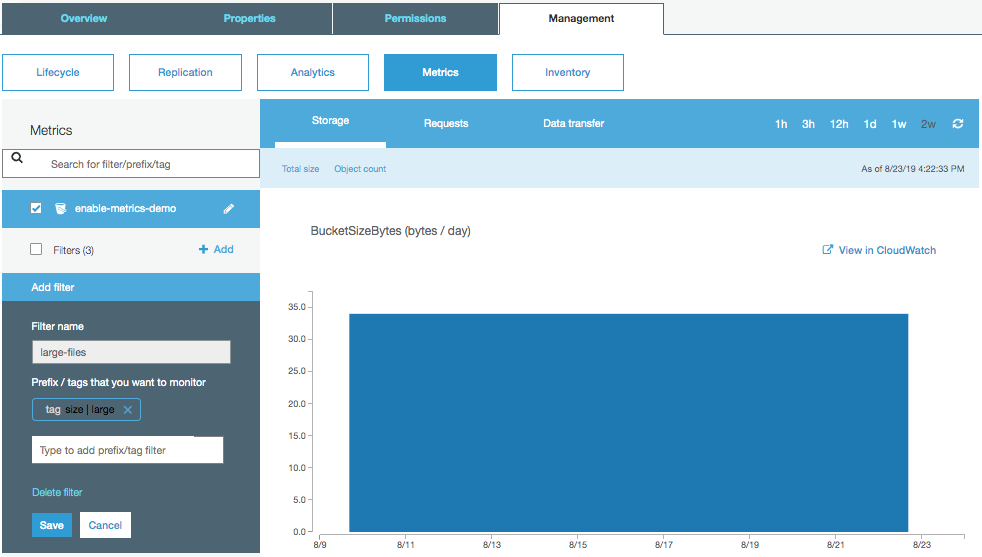 Select bucket properties in the S3 console for CloudWatch Percentiles