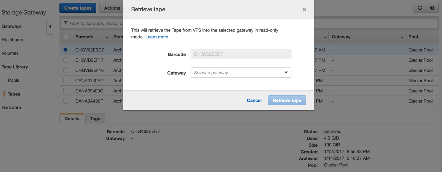 Virtual tapes can be exported through the gateway to a backup application for restore