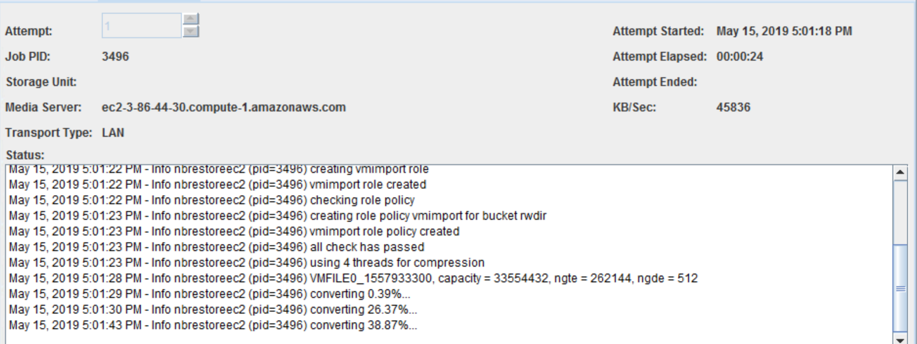 Running the Amazon EC2 import and progress of conversion process